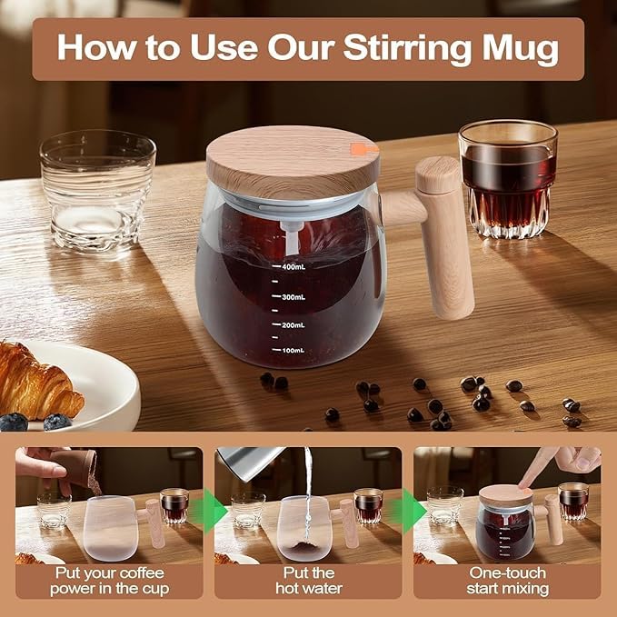 Premium Wooden Look Self-Stirring Coffee Mug (400ml)